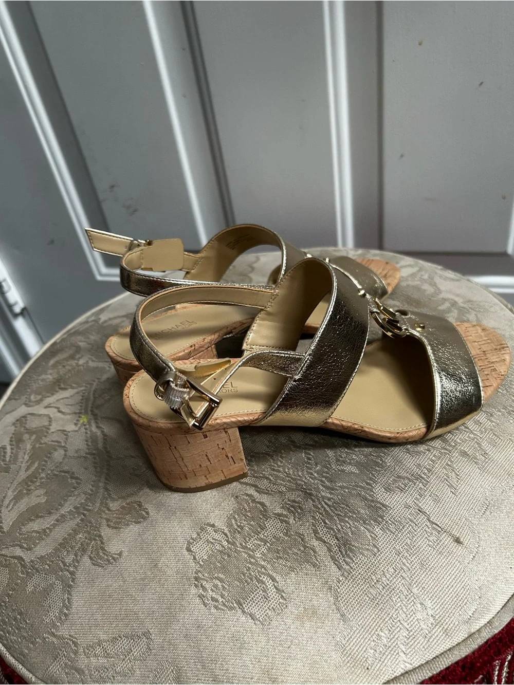 Michael Kors Metallic Gold Cork Wedge Sandals with MK Logo Sz 9